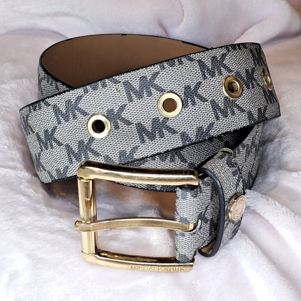 Michael Kors Womens MK Logo Print Gray Belt Gold Buckle Size Medium